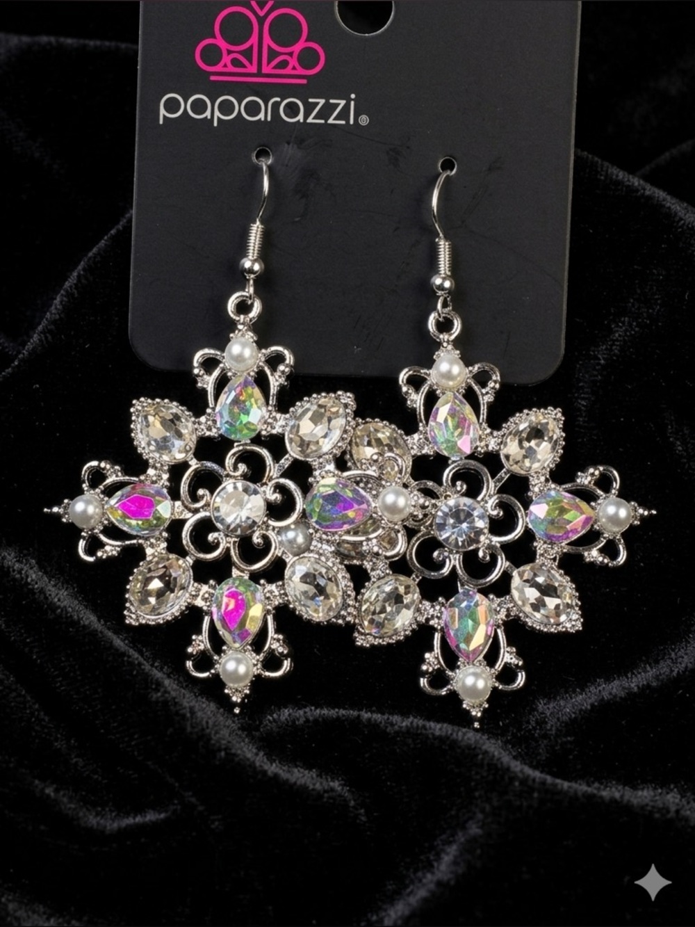 paparazzi Silver Aurora Crystal Floral Drop Earrings